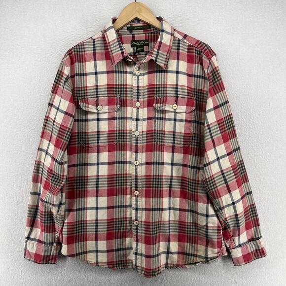 EDDIE BAUER Shirt Mens L Heavy Flannel Plaid Classic Fit Button Up Cotton Red - Picture 2 of 16